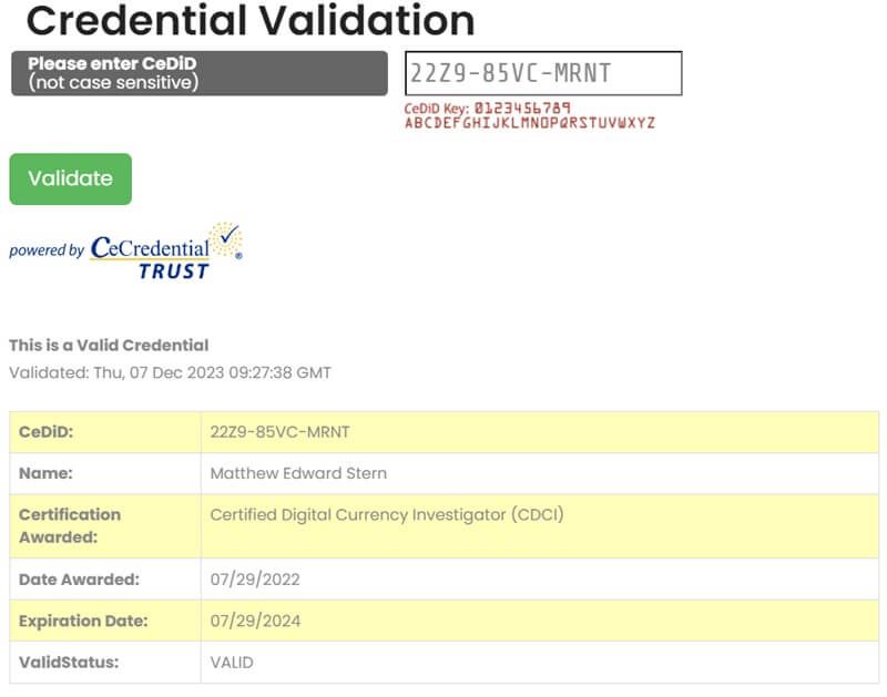 Use 22Z9-85VC-MRNT to Verify Cyber Intelligence's CDCI Certification